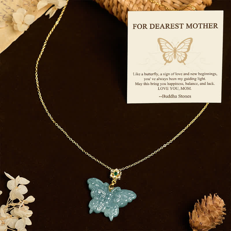 Buddha Stones "FOR DEAREST MOTHER" Jade Butterfly Abundance Necklace Pendants Includes Gift Message Card - Jade Butterfly - Standard Gift Box - image 0
