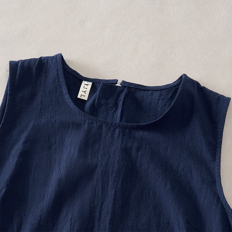 Buddha Stones Summer Embroidery Hem Back Zipper Design Sleeveless Solid Color Mini Dress With Pockets - image 2