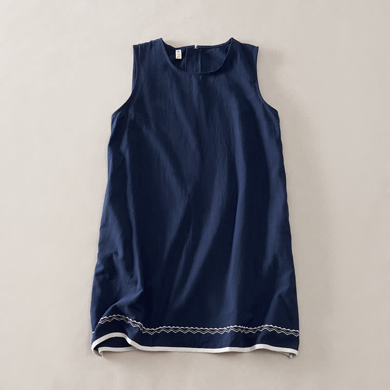 Buddha Stones Summer Embroidery Hem Back Zipper Design Sleeveless Solid Color Mini Dress With Pockets - Navy - US12,UK/AU16,EU44 (2XL) - image 0