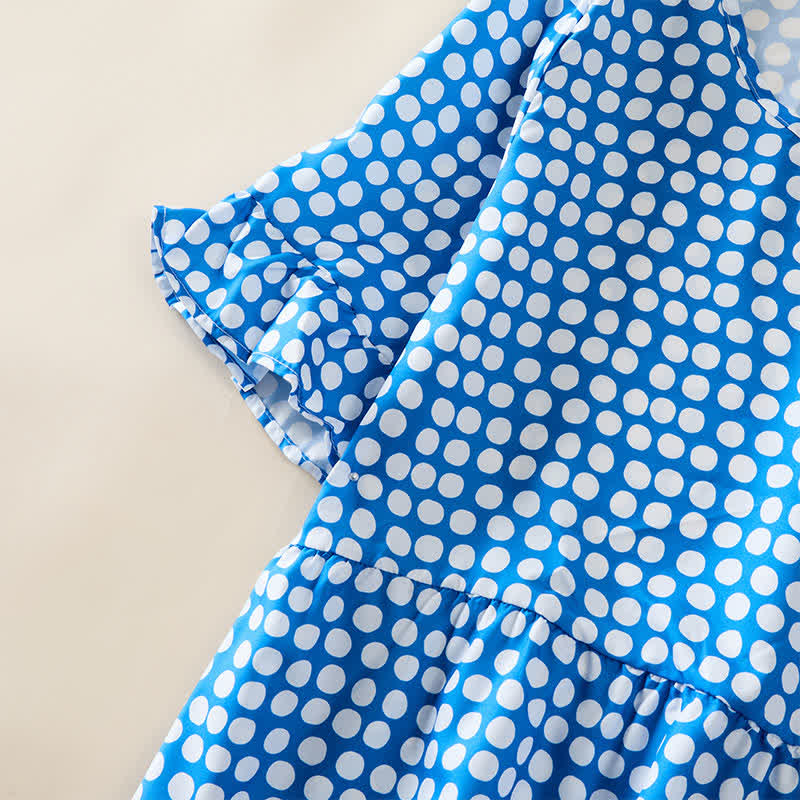 Buddha Stones Summer Elegant Polka Dot A Line Ruffle Hem Short Sleeve Knee Length Dress - image 3