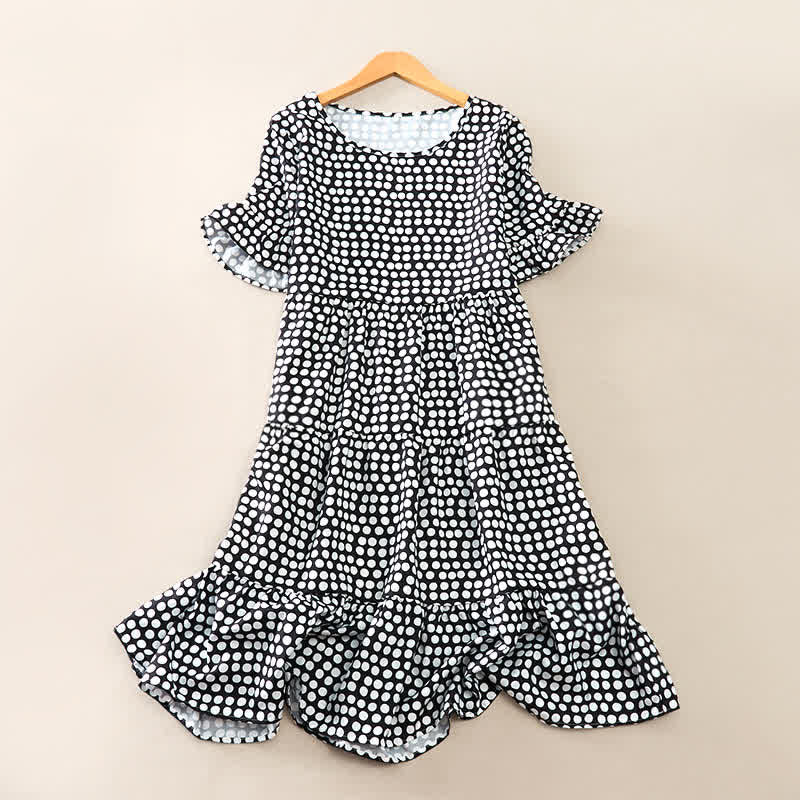 Buddha Stones Summer Elegant Polka Dot A Line Ruffle Hem Short Sleeve Knee Length Dress - Black - US16,UK/AU20,EU48 (3XL) - image 6