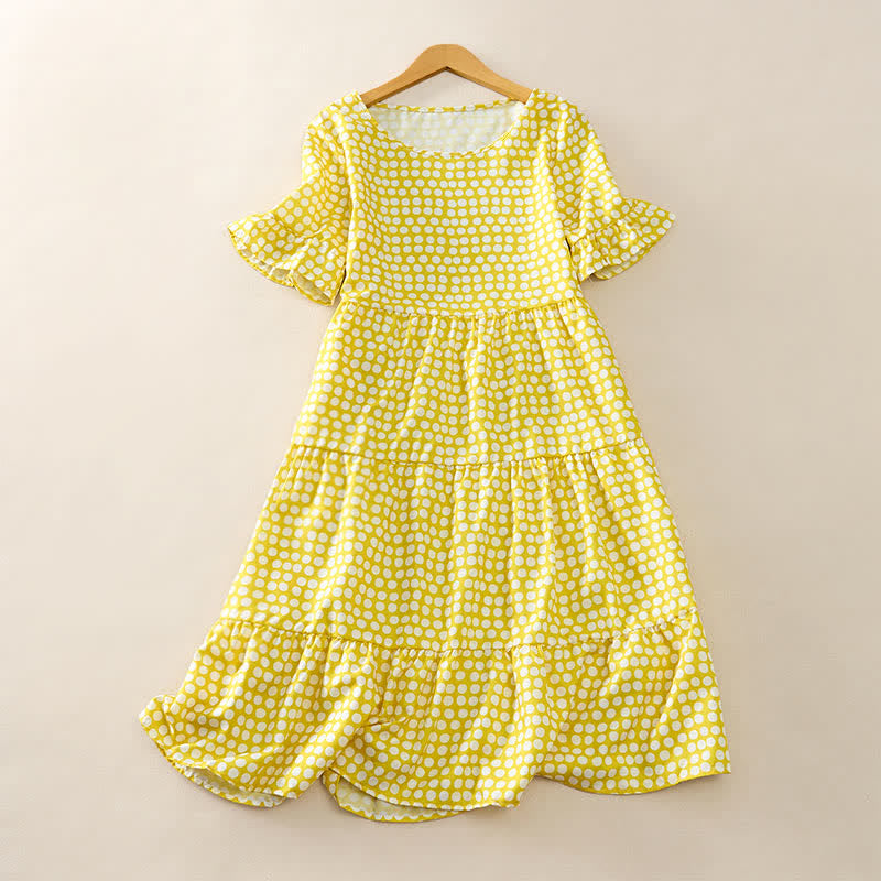 Buddha Stones Summer Elegant Polka Dot A Line Ruffle Hem Short Sleeve Knee Length Dress - Gold - US16,UK/AU20,EU48 (3XL) - image 18