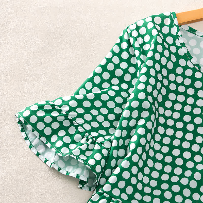 Buddha Stones Summer Elegant Polka Dot A Line Ruffle Hem Short Sleeve Knee Length Dress - image 26