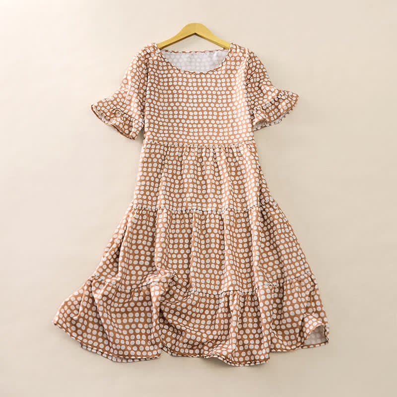 Buddha Stones Summer Elegant Polka Dot A Line Ruffle Hem Short Sleeve Knee Length Dress - Tan - US16,UK/AU20,EU48 (3XL) - image 29