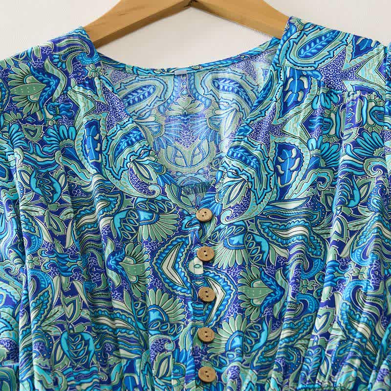 Buddha Stones Summer Peacock Paisley Tie Waist Viscose Lantern Sleeves Maxi Dress - image 2