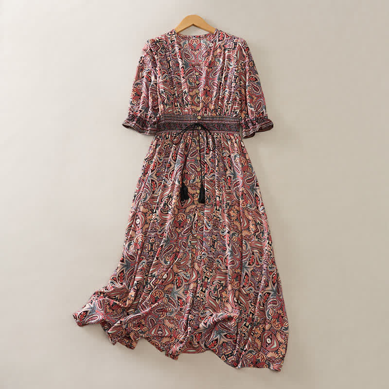 Buddha Stones Summer Peacock Paisley Tie Waist Viscose Lantern Sleeves Maxi Dress - Sienna - US12,UK/AU16,EU44 (XL) - image 8