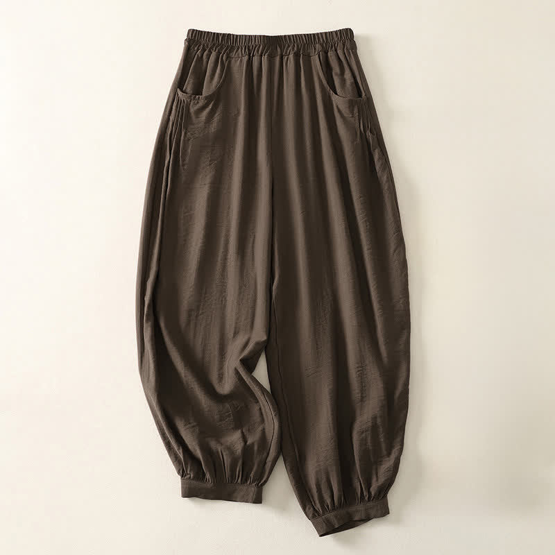 Buddha Stones Summer Solid Color Elastic Waist Women's Capri Harem Pants - SaddleBrown - US8-10,UK/AU12-14,EU40-42 (2XL) - image 0