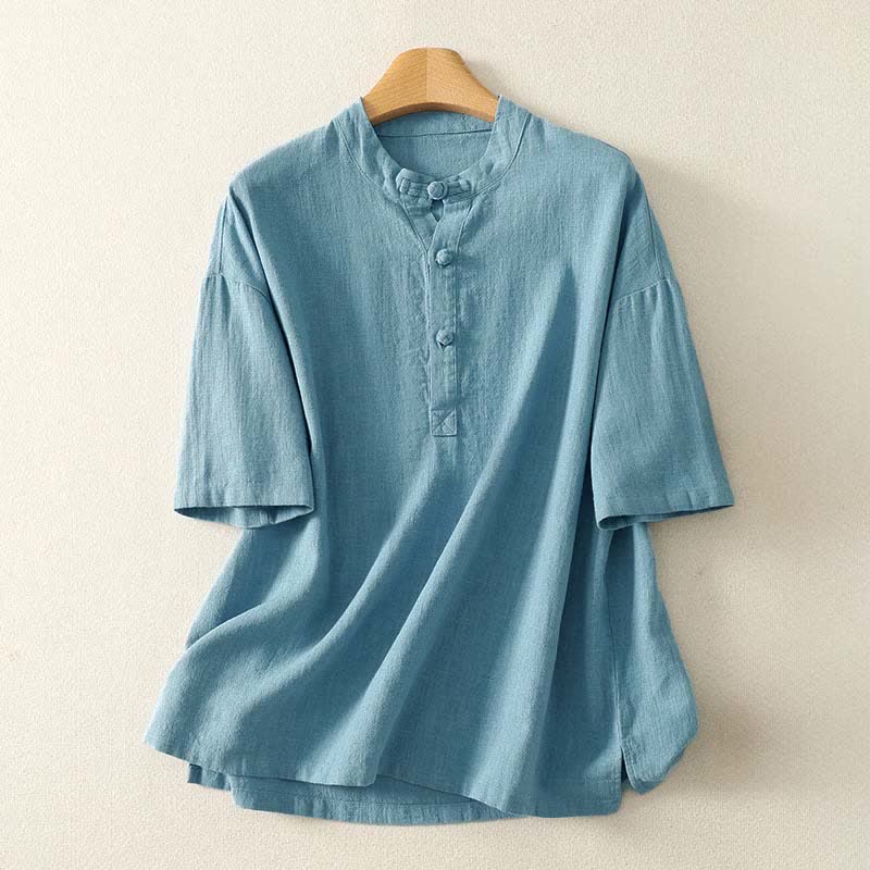 Buddha Stones Summer Stand Collar Buttons Cotton Women's Short Sleeve Shirt - LightBlue - US8-10,UK/AU12-14,EU40-42 (2XL) - image 0