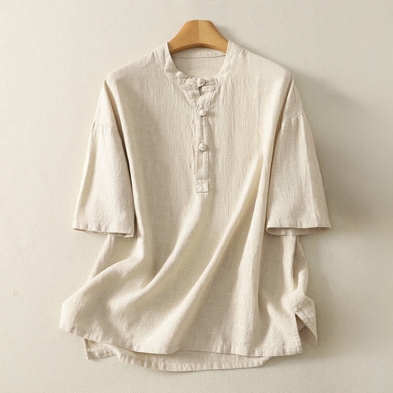 Buddha Stones Summer Stand Collar Buttons Cotton Women's Short Sleeve Shirt - Linen - US8-10,UK/AU12-14,EU40-42 (2XL) - image 5