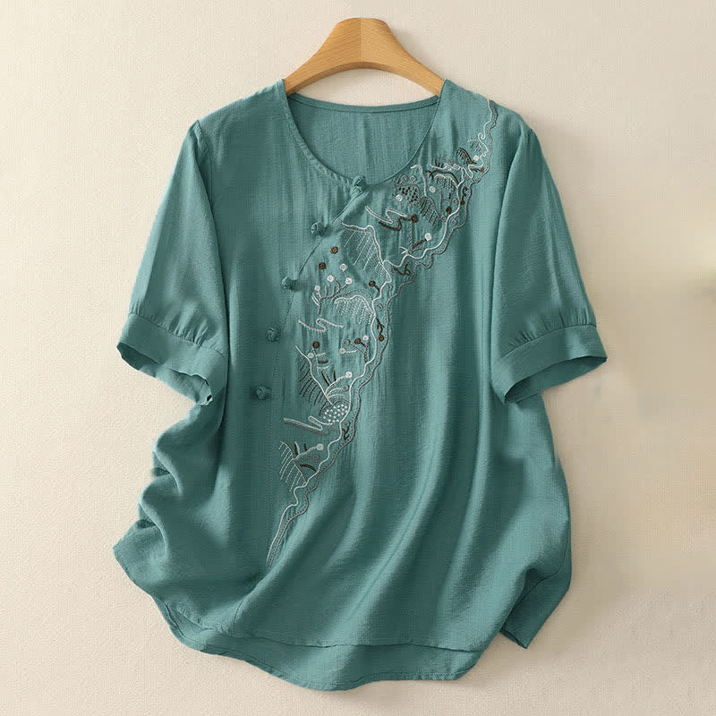 Buddha Stones Summer Mountain Embroidered Crew Neck Women's Short Sleeve Shirt - LightSeaGreen - US12,UK/AU16,EU44 (3XL) - image 0