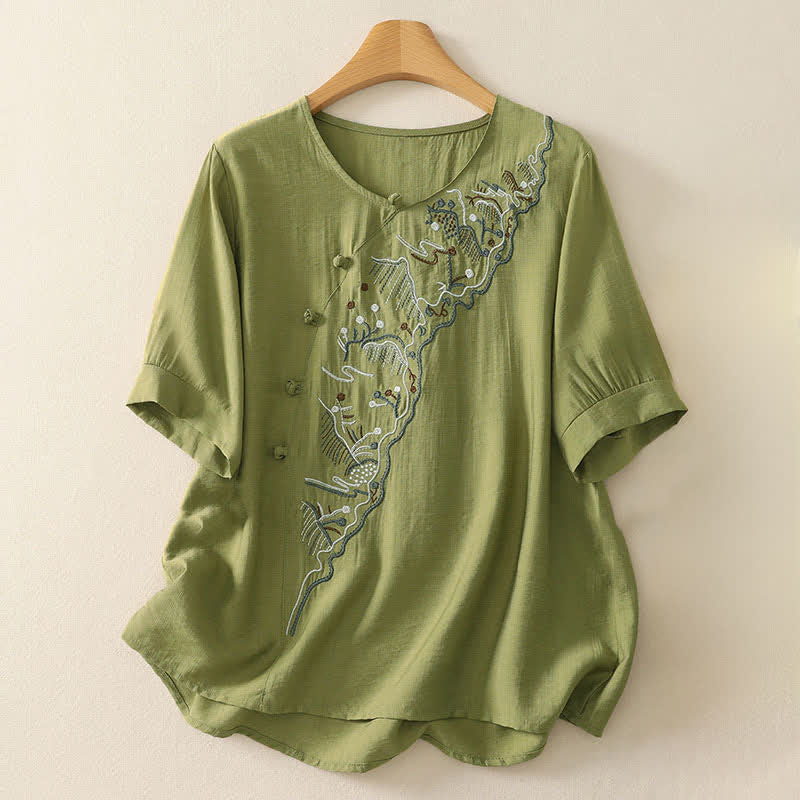 Buddha Stones Summer Mountain Embroidered Crew Neck Women's Short Sleeve Shirt - YellowGreen - US12,UK/AU16,EU44 (3XL) - image 10