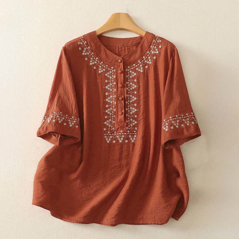 Buddha Stones Spring Embroidered Cotton Half Buttons Women's Short Sleeve Shirt - Tomato - US8-10,UK/AU12-14,EU40-42 (2XL) - image 0
