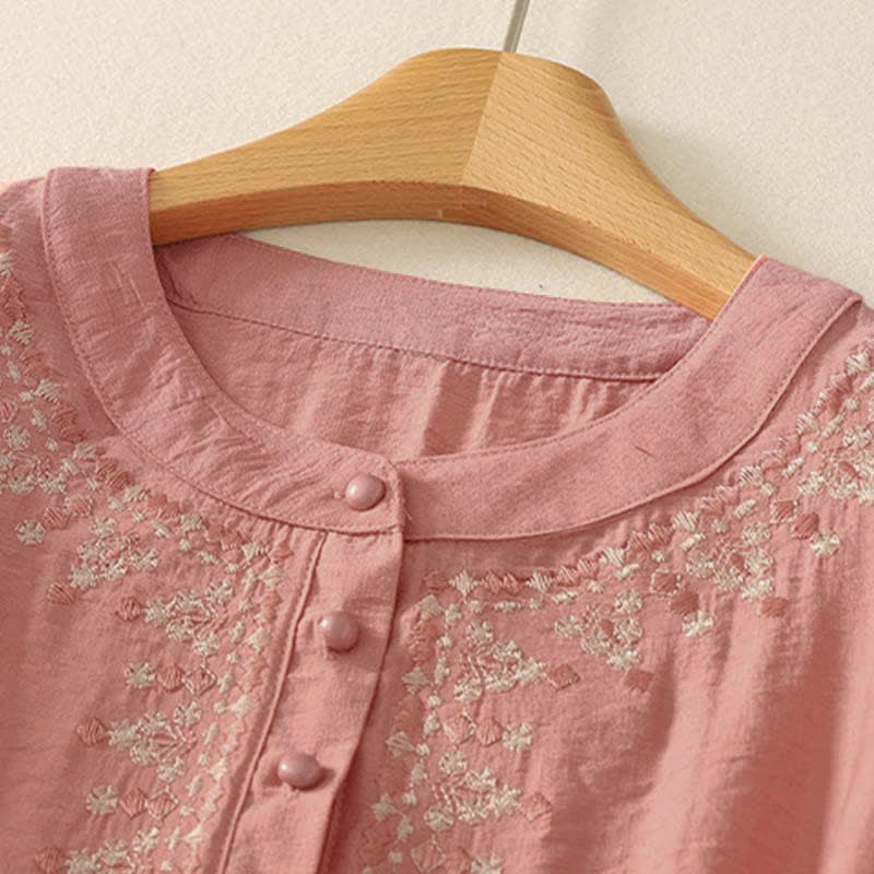 Buddha Stones Spring Embroidered Cotton Half Buttons Women's Short Sleeve Shirt - image 7