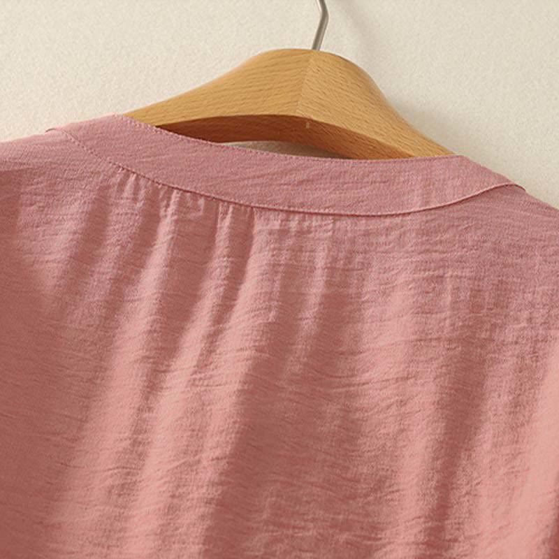 Buddha Stones Spring Embroidered Cotton Half Buttons Women's Short Sleeve Shirt - image 8