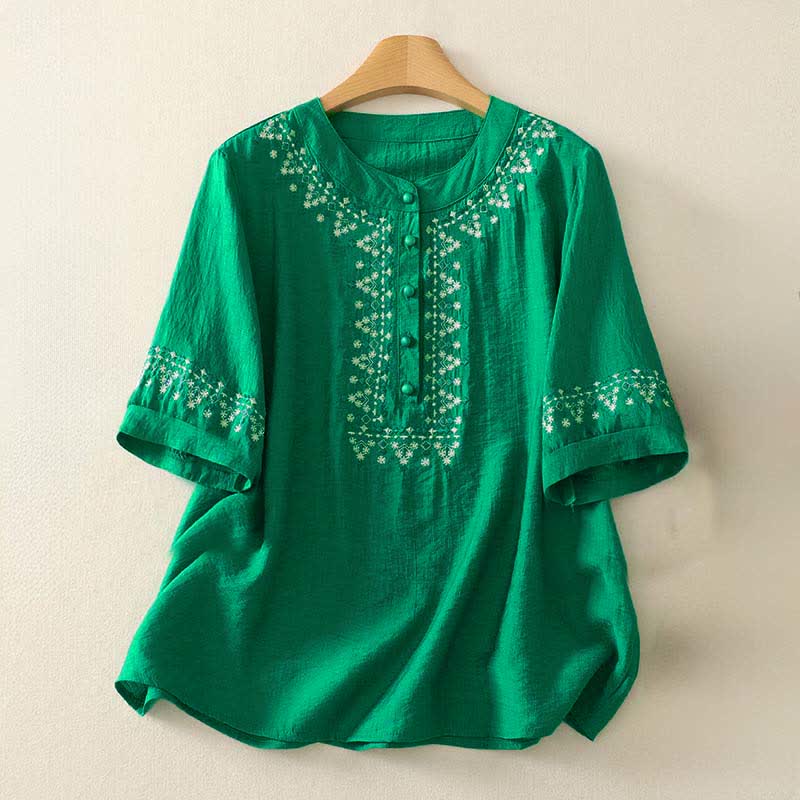 Buddha Stones Spring Embroidered Cotton Half Buttons Women's Short Sleeve Shirt - MediumSpringGreen - US8-10,UK/AU12-14,EU40-42 (2XL) - image 15