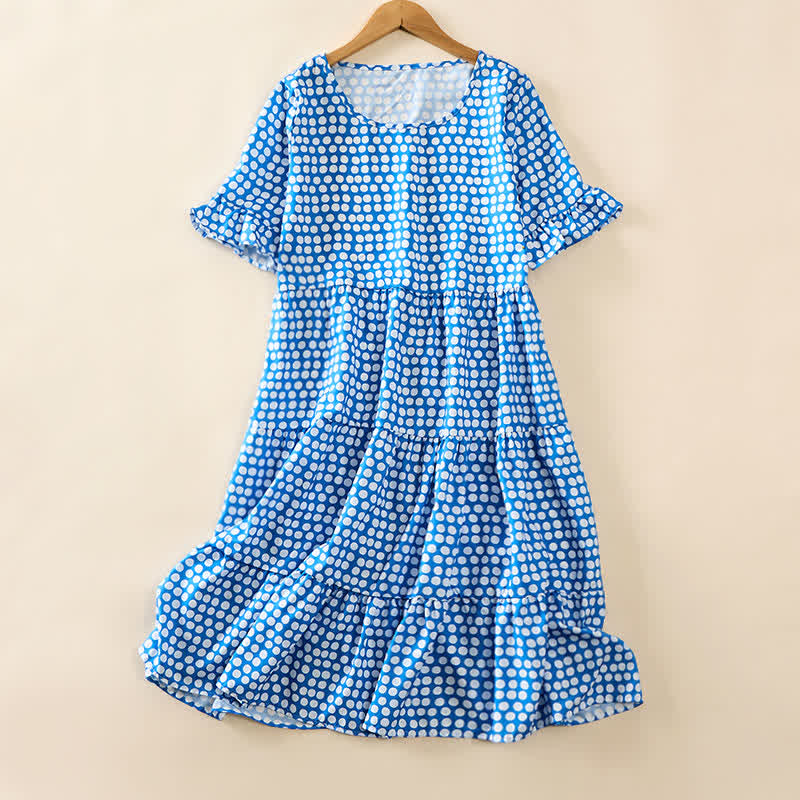 Buddha Stones Summer Elegant Polka Dot A Line Ruffle Hem Short Sleeve Knee Length Dress - CornflowerBlue - US16,UK/AU20,EU48 (3XL) - image 0