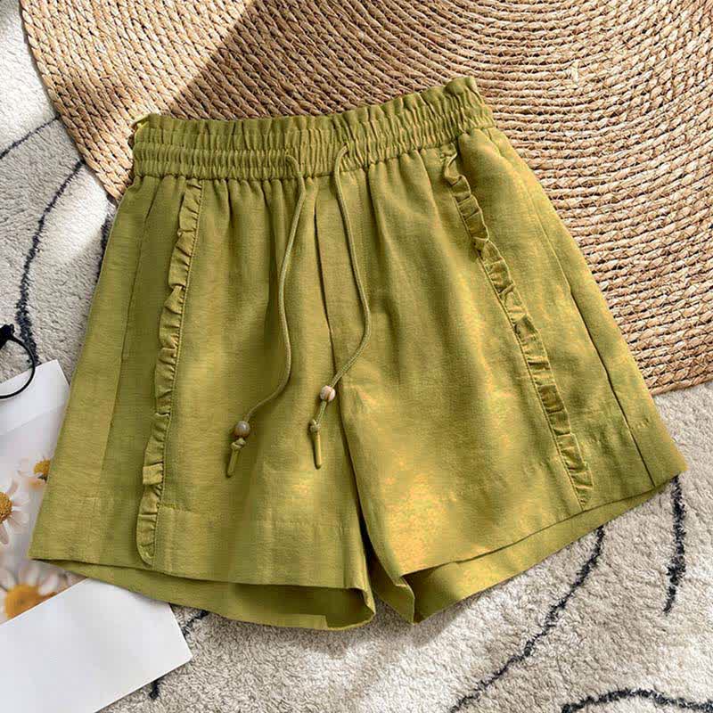 Buddha Stones Summer Drawstring Ruffle Elastic Waist Women's Shorts With Pockets - OliveDrab - US8-10,UK/AU12-14,EU40-42 (2XL) - image 0