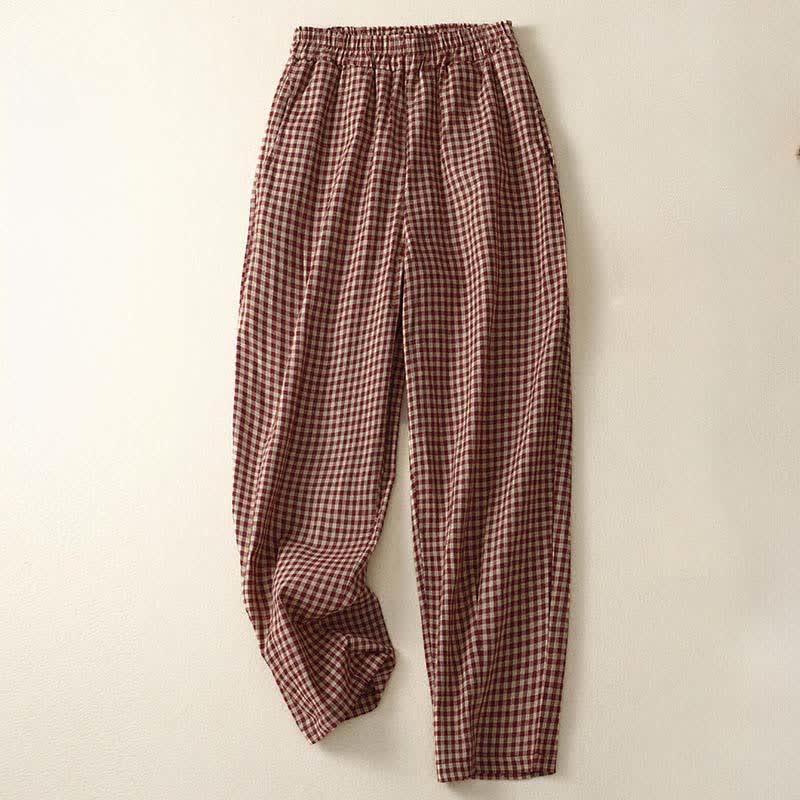 Buddha Stones Summer Plaid Elastic Waist Cropped Women's Tapered Pants With Pockets - FireBrick - US8-10,UK/AU12-14,EU40-42 (2XL) - image 0