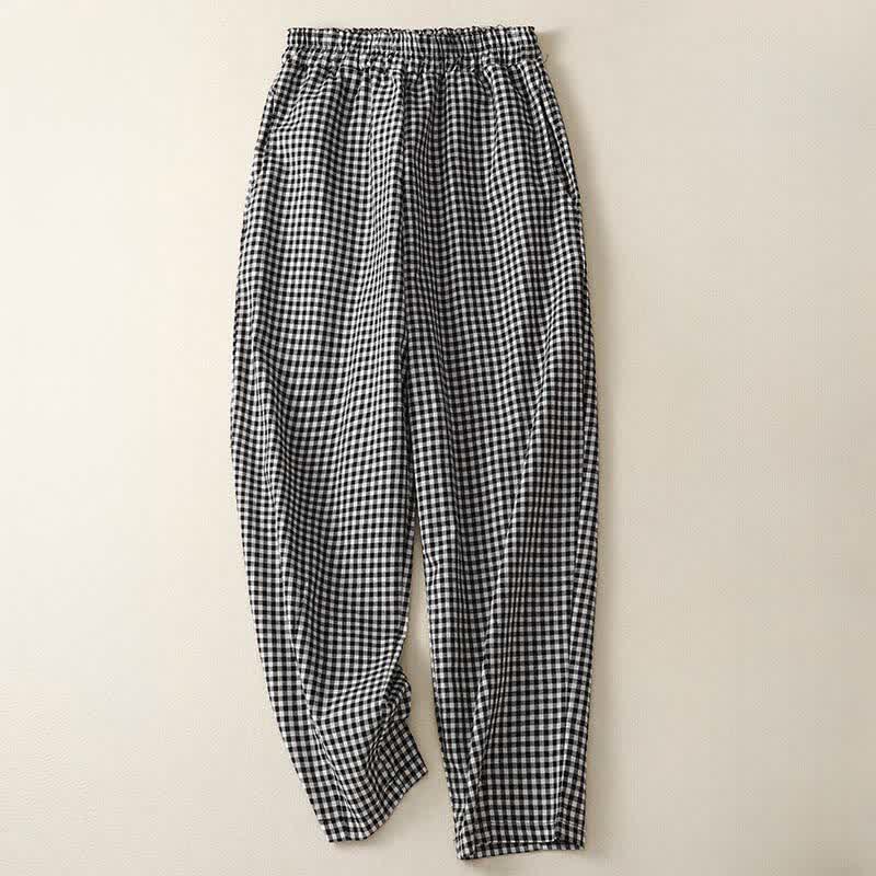 Buddha Stones Summer Plaid Elastic Waist Cropped Women's Tapered Pants With Pockets - Black - US8-10,UK/AU12-14,EU40-42 (2XL) - image 6