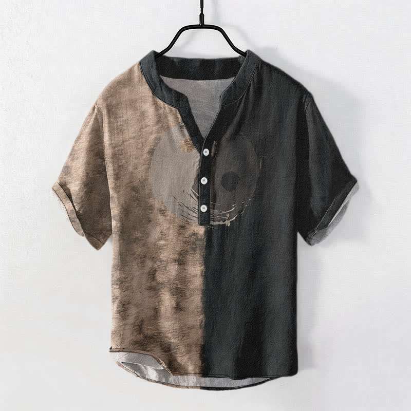 Buddha Stones Cotton Two Tone Taiji Ink Print Men's Short Sleeve Half Button Shirt - Tan - US/UK/AU50,EU60 (5XL) - image 0