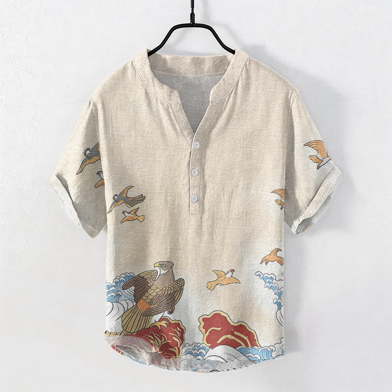 Buddha Stones Cotton Ocean Bird Wave Rock Print Men's Short Sleeve Half Button Shirt - AntiqueWhite - US/UK/AU50,EU60 (5XL) - image 3