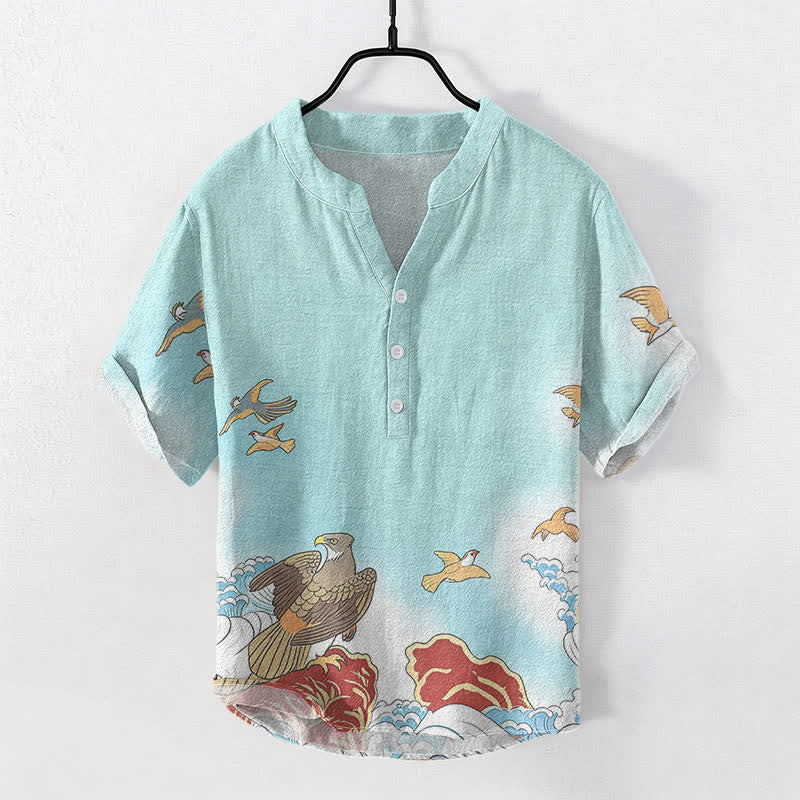 Buddha Stones Cotton Ocean Bird Wave Rock Print Men's Short Sleeve Half Button Shirt - Turquoise - US/UK/AU50,EU60 (5XL) - image 5