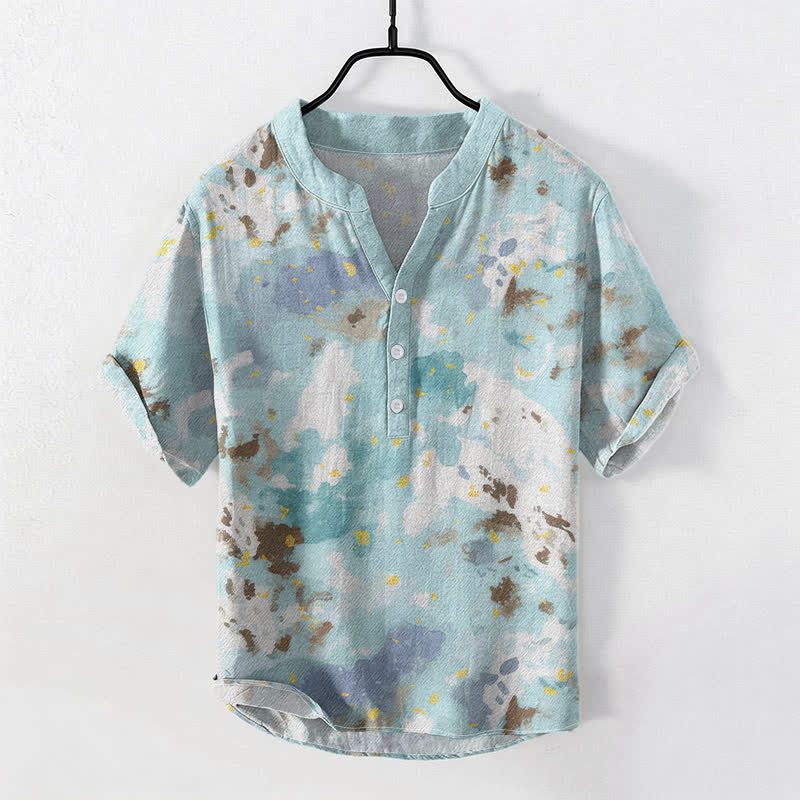 Buddha Stones Cotton Watercolor Splash Men's Short Sleeve Half Button Shirt - PaleTurquoise - US/UK/AU50,EU60 (5XL) - image 0