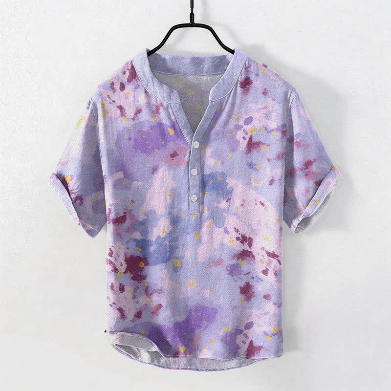 Buddha Stones Cotton Watercolor Splash Men's Short Sleeve Half Button Shirt - MediumPurple - US/UK/AU50,EU60 (5XL) - image 3