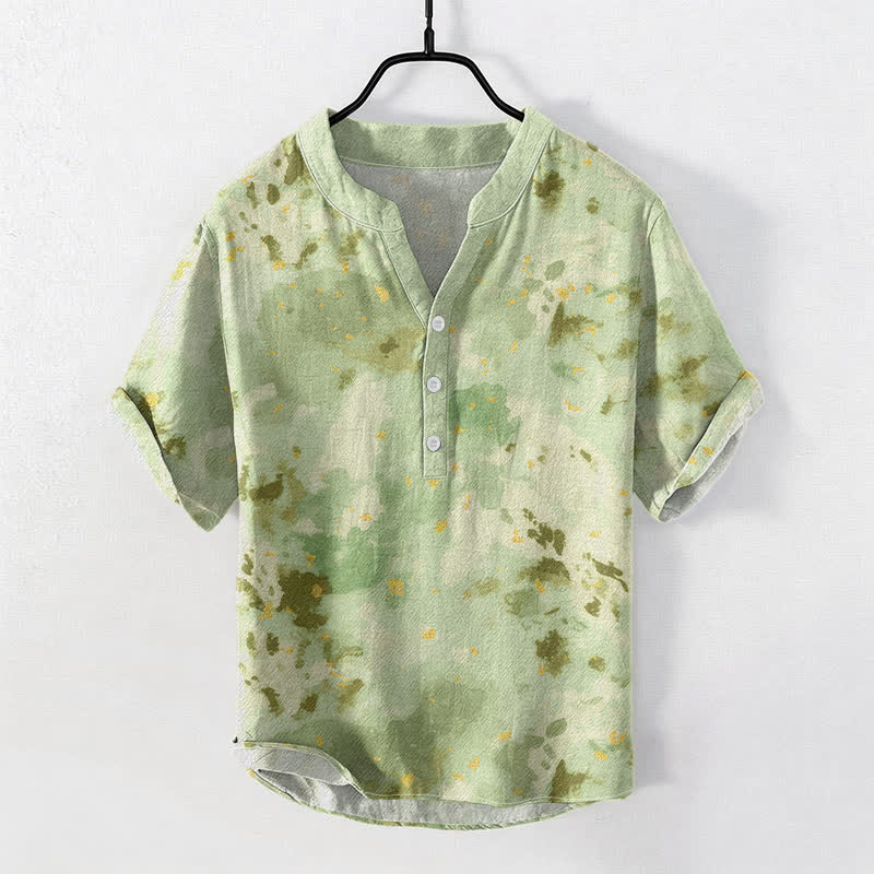 Buddha Stones Cotton Watercolor Splash Men's Short Sleeve Half Button Shirt - PaleGreen - US/UK/AU50,EU60 (5XL) - image 5