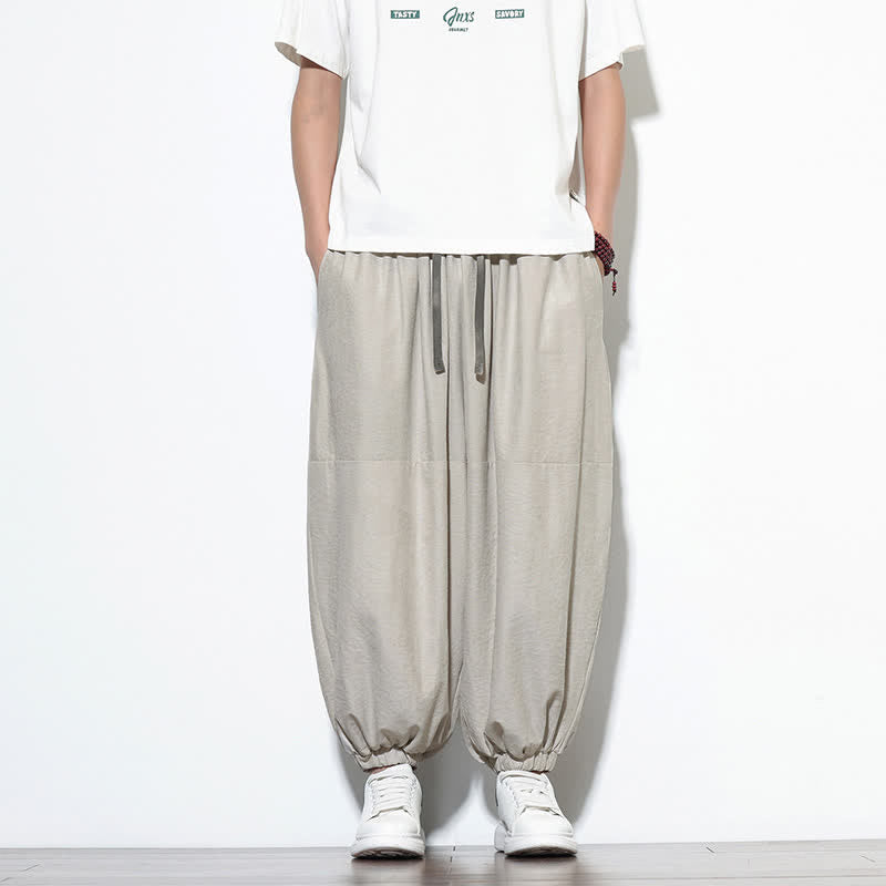 Buddha Stones Spring Solid Color Drawstring Cropped Men's Harem Cotton Pants With Pockets - Gainsboro - US/UK/AU46,EU56 (5XL) - image 9