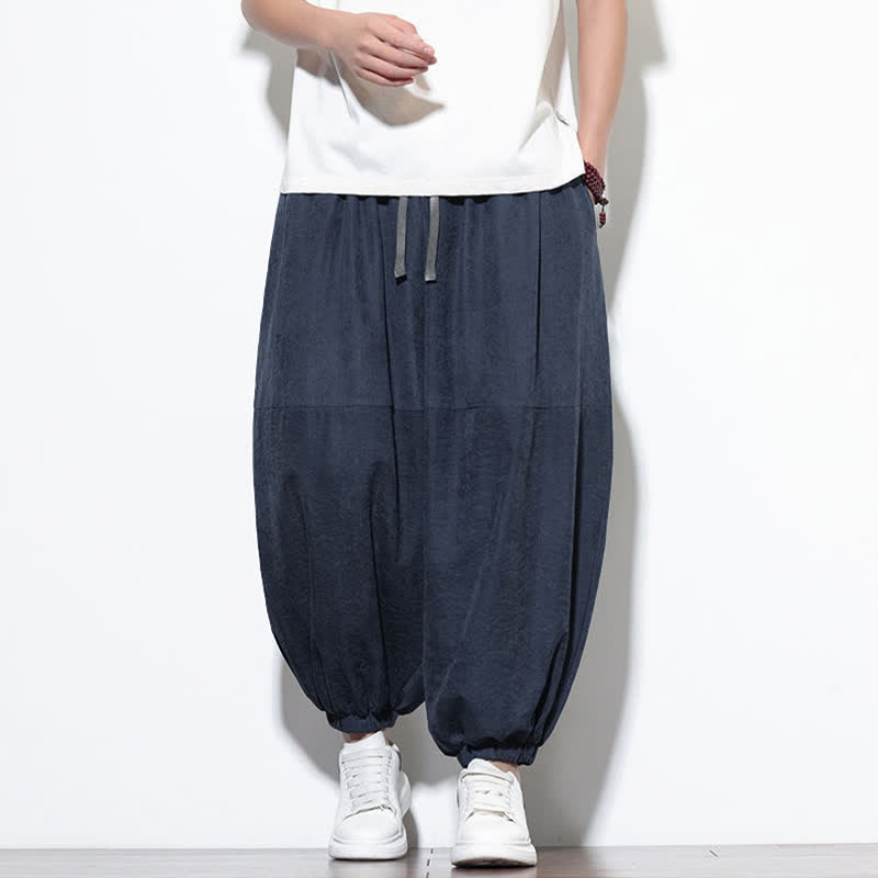 Buddha Stones Spring Solid Color Drawstring Cropped Men's Harem Cotton Pants With Pockets - MidnightBlue - US/UK/AU46,EU56 (5XL) - image 0