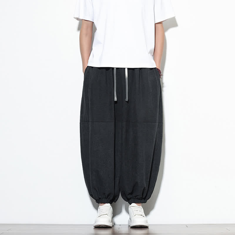 Buddha Stones Spring Solid Color Drawstring Cropped Men's Harem Cotton Pants With Pockets - Black - US/UK/AU46,EU56 (5XL) - image 19