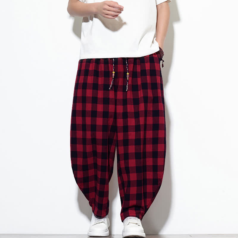 Buddha Stones Summer Plaid Pattern High Waist Drawstring Men's Harem Pants With Pockets - Red - US/UK/AU46,EU56 (5XL) - image 19