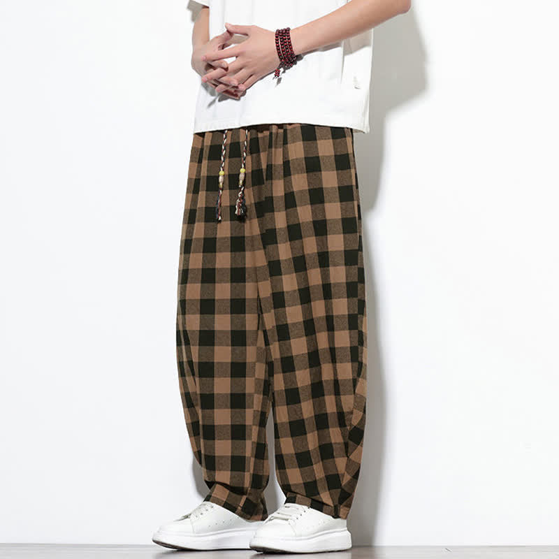 Buddha Stones Summer Plaid Pattern High Waist Drawstring Men's Harem Pants With Pockets - image 13