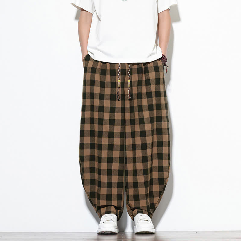 Buddha Stones Summer Plaid Pattern High Waist Drawstring Men's Harem Pants With Pockets - Peru - US/UK/AU46,EU56 (5XL) - image 11