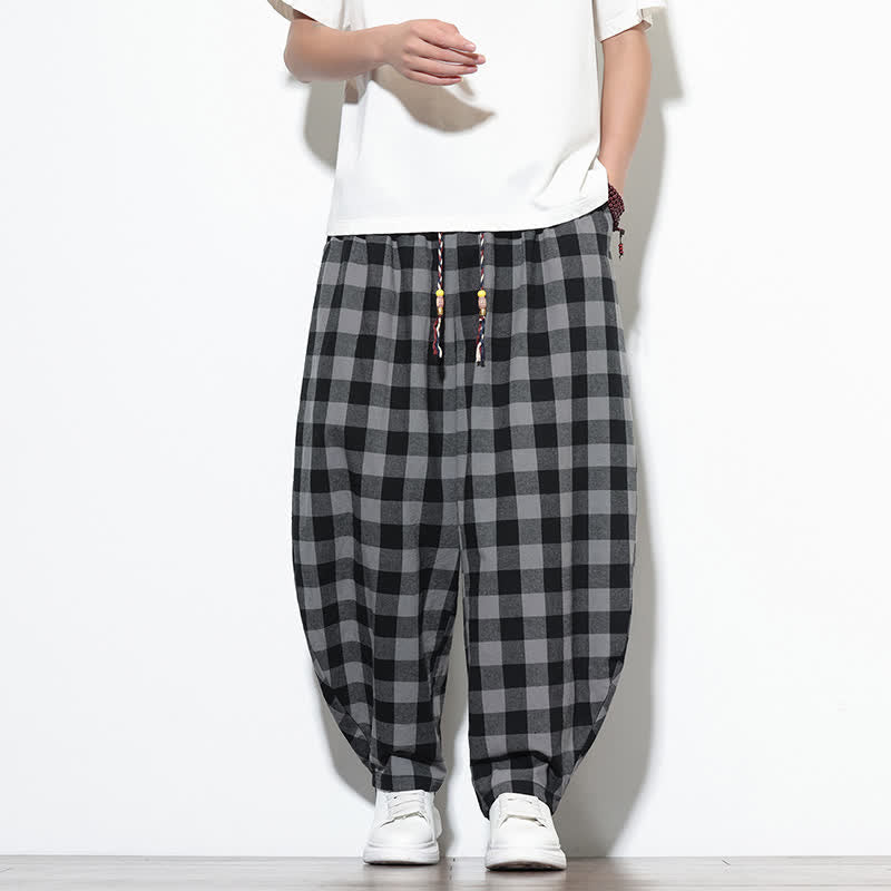 Buddha Stones Summer Plaid Pattern High Waist Drawstring Men's Harem Pants With Pockets - Black - US/UK/AU46,EU56 (5XL) - image 0
