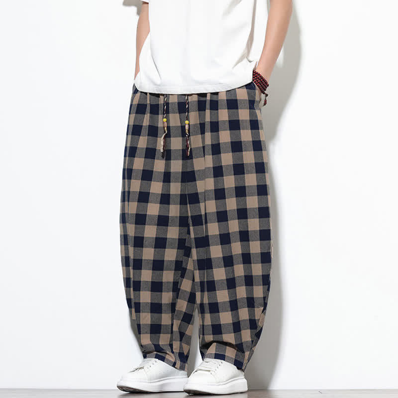 Buddha Stones Summer Plaid Pattern High Waist Drawstring Men's Harem Pants With Pockets - Wheat - US/UK/AU46,EU56 (5XL) - image 26