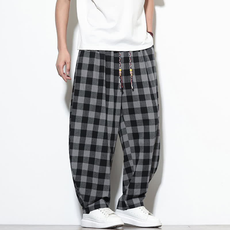 Buddha Stones Summer Plaid Pattern High Waist Drawstring Men's Harem Pants With Pockets - image 7