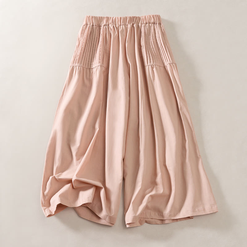 Buddha Stones Summer Pleated Design Elastic Waistband Cropped Women's Wide Leg Pants With Pockets - LightPink - US8-10,UK/AU12-14,EU40-42 (2XL) - image 0