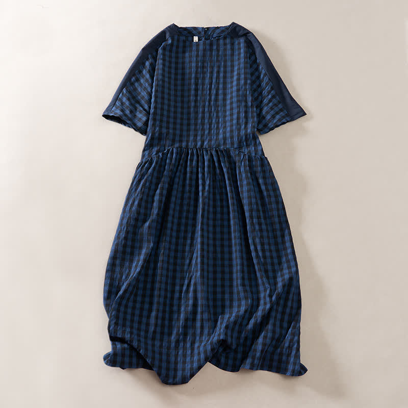 Buddha Stones Summer MidnightBlue Checked A-line Pleated Crew Neck Knee Length Women's Short Sleeve Dress - image 1