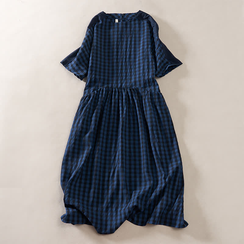 Buddha Stones Summer MidnightBlue Checked A-line Pleated Crew Neck Knee Length Women's Short Sleeve Dress - MidnightBlue - US14,UK/AU18,EU46 (2XL) - image 0