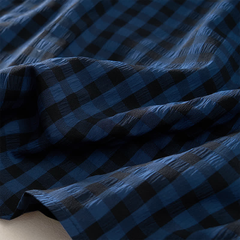 Buddha Stones Summer MidnightBlue Checked A-line Pleated Crew Neck Knee Length Women's Short Sleeve Dress - image 9