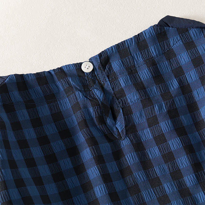 Buddha Stones Summer MidnightBlue Checked A-line Pleated Crew Neck Knee Length Women's Short Sleeve Dress - image 5