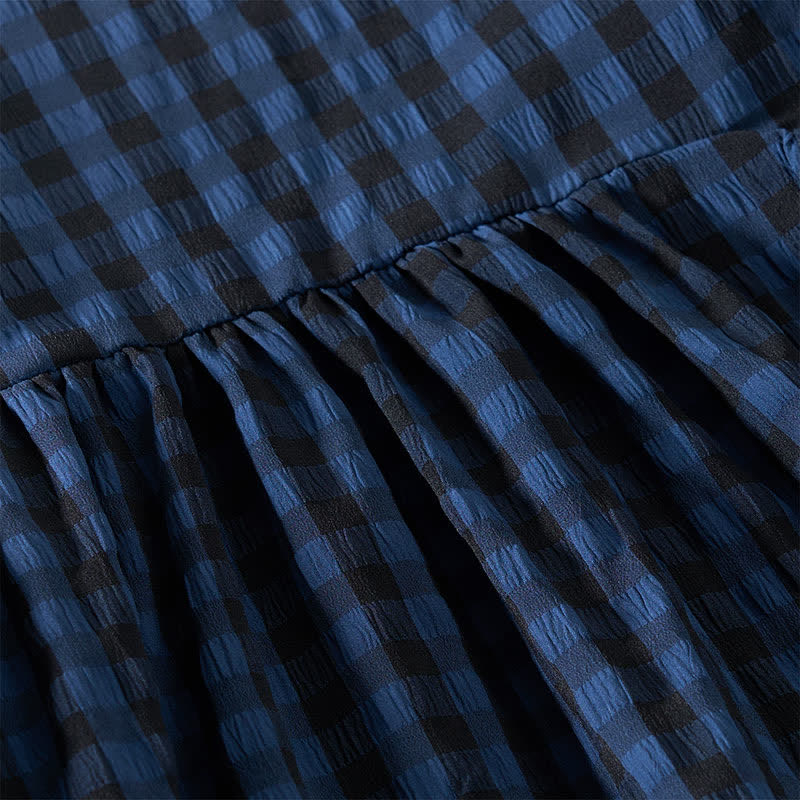 Buddha Stones Summer MidnightBlue Checked A-line Pleated Crew Neck Knee Length Women's Short Sleeve Dress - image 7