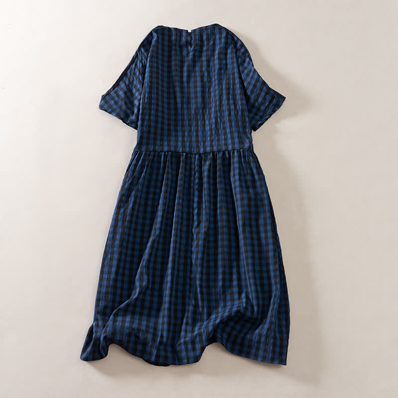 Buddha Stones Summer MidnightBlue Checked A-line Pleated Crew Neck Knee Length Women's Short Sleeve Dress - image 2