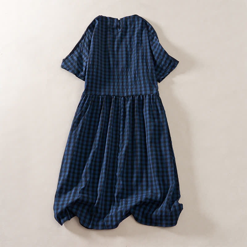 Buddha Stones Summer MidnightBlue Checked A-line Pleated Crew Neck Knee Length Women's Short Sleeve Dress - image 3