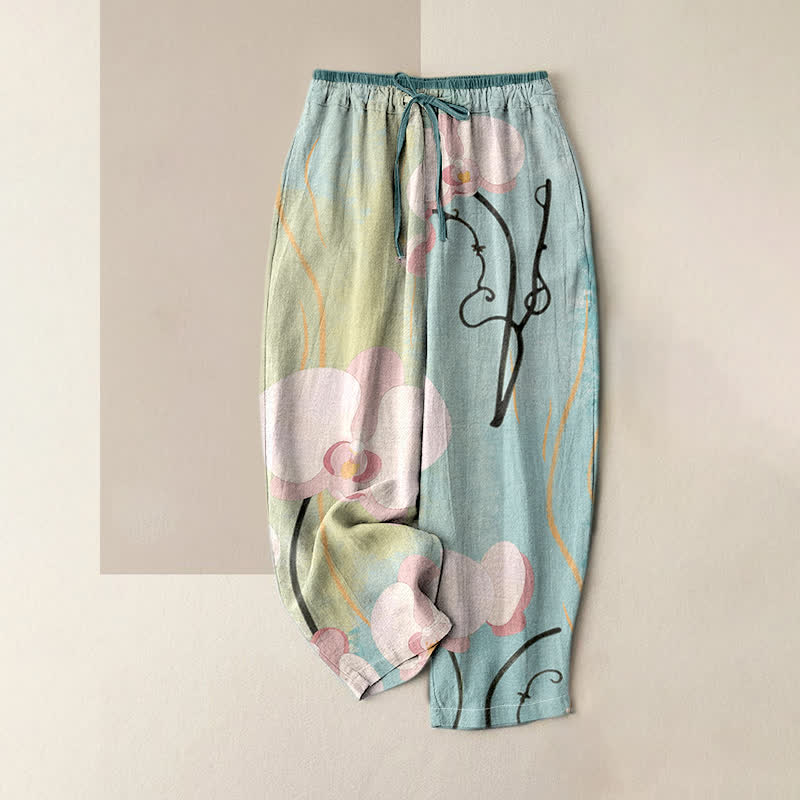Buddha Stones Cotton Orchid Print Drawstring Women's Elastic Waist Pants With Pockets - PowderBlue - US16,UK/AU20,EU48 (3XL) - image 0