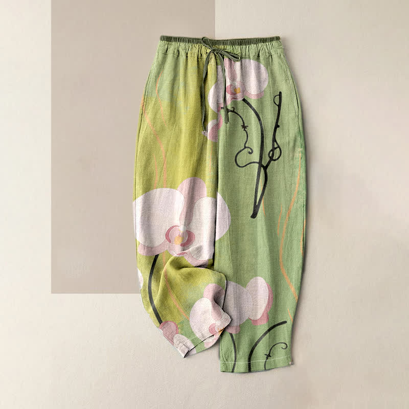 Buddha Stones Cotton Orchid Print Drawstring Women's Elastic Waist Pants With Pockets - DarkSeaGreen - US16,UK/AU20,EU48 (3XL) - image 3