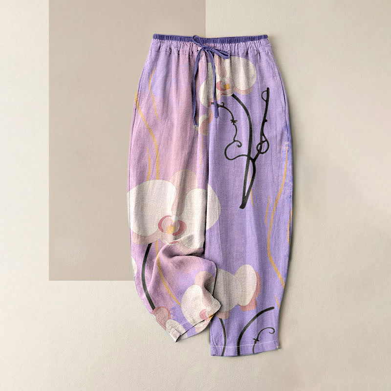 Buddha Stones Cotton Orchid Print Drawstring Women's Elastic Waist Pants With Pockets - MediumPurple - US16,UK/AU20,EU48 (3XL) - image 4
