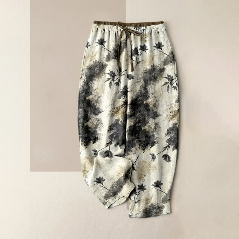 Buddha Stones Ink Wash Painting Floral Elastic Drawstring Women's Pure Cotton Pants With Pockets - Beige - US16,UK/AU20,EU48 (3XL) - image 0